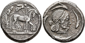 SICILY. Syracuse. Deinomenid Tyranny, 485-466 BC. Tetradrachm (Silver, 24 mm, 17.07 g, 9 h), circa 480-475. Charioteer driving quadriga walking to rig...