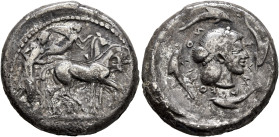 SICILY. Syracuse. Deinomenid Tyranny, 485-466 BC. Tetradrachm (Silver, 26 mm, 16.77 g, 12 h), circa 475-470. Charioteer driving quadriga walking to ri...
