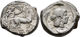 SICILY. Syracuse. Deinomenid Tyranny, 485-466 BC. Tetradrachm (Silver, 23 mm, 17.25 g, 6 h), circa 475-470. Charioteer driving quadriga walking to rig...