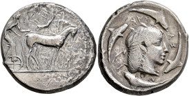 SICILY. Syracuse. Deinomenid Tyranny, 485-466 BC. Tetradrachm (Silver, 27 mm, 16.80 g, 1 h), from the 'Demareteion' series, circa 470-465. Charioteer,...