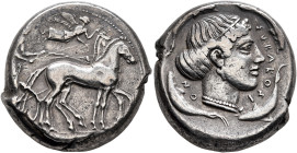 SICILY. Syracuse. Second Democracy, 466-405 BC. Tetradrachm (Silver, 23 mm, 17.36 g, 11 h), circa 450-440. Charioteer driving quadriga walking to righ...