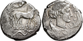 SICILY. Syracuse. Second Democracy, 466-405 BC. Tetradrachm (Silver, 25 mm, 17.24 g, 10 h), circa 450-440. Charioteer driving quadriga walking to righ...