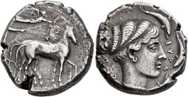 SICILY. Syracuse. Second Democracy, 466-405 BC. Tetradrachm (Silver, 25 mm, 17.00 g, 1 h), circa 430-420. Charioteer driving quadriga walking to right...