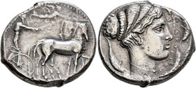 SICILY. Syracuse. Second Democracy, 466-405 BC. Tetradrachm (Silver, 27 mm, 16.85 g, 12 h), circa 430-420. Charioteer driving quadriga walking to righ...