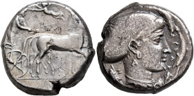 SICILY. Syracuse. Second Democracy, 466-405 BC. Tetradrachm (Silver, 23 mm, 17.07 g, 9 h), reverse die signed by the unknown master 'A', circa 425-420...