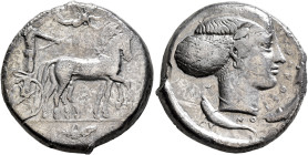 SICILY. Syracuse. Second Democracy, 466-405 BC. Tetradrachm (Silver, 26 mm, 17.05 g, 9 h), circa 420-415. Charioteer driving quadriga walking to right...