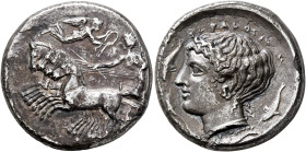 SICILY. Syracuse. Second Democracy, 466-405 BC. Tetradrachm (Silver, 25 mm, 16.03 g, 7 h), reverse die signed by Eumenes, circa 415-405. Charioteer dr...
