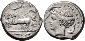 SICILY. Syracuse. Second Democracy, 466-405 BC. Tetradrachm (Silver, 24 mm, 17.22 g, 4 h), obverse die signed by Eu(menes?), reverse die signed by Euk...