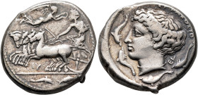 SICILY. Syracuse. Second Democracy, 466-405 BC. Tetradrachm (Silver, 25 mm, 17.26 g, 2 h), obverse die signed by Eu(menes?), reverse die signed by Euk...