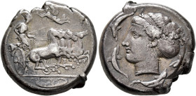SICILY. Syracuse. Second Democracy, 466-405 BC. Tetradrachm (Silver, 24 mm, 17.13 g, 8 h), obverse die signed by Euainetos, reverse signed by Eukleida...