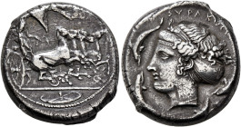 SICILY. Syracuse. Second Democracy, 466-405 BC. Tetradrachm (Silver, 22 mm, 16.87 g, 6 h), obverse die signed by Euainetos, reverse die signed by Eukl...