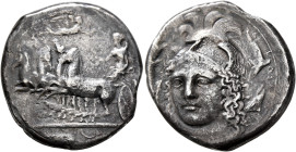 SICILY. Syracuse. Second Democracy, 466-405 BC. Tetradrachm (Silver, 26 mm, 15.25 g, 7 h), reverse die signed by Eukleidas, circa 415-405. Female char...