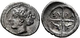 SICILY. Syracuse. Second Democracy, 466-405 BC. Hemilitron (Bronze, 10 mm, 0.43 g, 12 h), circa 410-405. Head of Arethousa to left, wearing pendant ea...