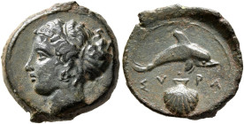 SICILY. Syracuse. Dionysios I, 405-367 BC. Hemilitron (Bronze, 17 mm, 3.35 g, 6 h), signed by Eu.... Head of Arethousa to left, with her hair bound by...