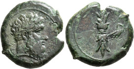 SICILY. Syracuse. Timoleon and the Third Democracy, 344-317 BC. Hemilitron (Bronze, 24 mm, 13.45 g, 9 h), circa 344-339/8. ZEYΣ EΛEY[ΘEPIOΣ] Laureate ...