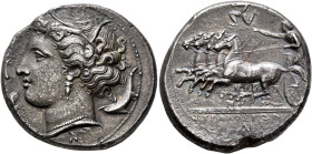 SICILY. Syracuse. Agathokles, 317-289 BC. Tetradrachm (Silver, 26 mm, 16.08 g, 8 h), circa 317-310. Head of Arethousa to left, wearing wreath of grain...