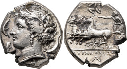 SICILY. Syracuse. Agathokles, 317-289 BC. Tetradrachm (Silver, 26 mm, 16.84 g, 1 h), circa 310-305. Head of Arethousa to left, wearing wreath of grain...