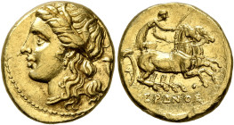 SICILY. Syracuse. Hieron II, 275-215 BC. 60 Litrai or Dekadrachm (Gold, 15 mm, 4.30 g, 6 h), 269-263 or 218/7-215. Head of Persephone to left, wearing...