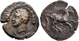 SICILY. Unlocated Punic mints. Circa 300-275 BC. AE (Bronze, 17 mm, 2.50 g, 1 h). Male head to left, flanked by grain ears. Rev. Horse galloping to ri...