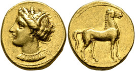 CARTHAGE. Circa 350-320 BC. Stater (Gold, 18 mm, 9.35 g, 6 h). Head of Tanit to left, wearing wreath of grain ears, triple-pendant earring and elabora...