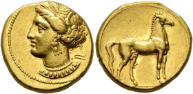 CARTHAGE. Circa 350-320 BC. Stater (Gold, 18 mm, 9.35 g, 11 h). Head of Tanit to left, wearing wreath of grain ears, triple-pendant earring and elabor...