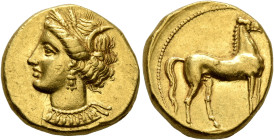 CARTHAGE. Circa 350-320 BC. Stater (Gold, 18 mm, 9.60 g, 3 h). Head of Tanit to left, wearing wreath of grain ears, triple-pendant earring and elabora...