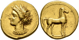 CARTHAGE. Circa 350-320 BC. Stater (Gold, 19 mm, 9.52 g, 6 h). Head of Tanit to left, wearing wreath of grain ears, triple-pendant earring and elabora...