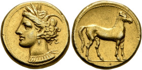 CARTHAGE. Circa 320-310 BC. Stater (Electrum, 19 mm, 7.34 g, 12 h). Head of Tanit to left, wearing wreath of grain ears, triple-pendant earring and el...