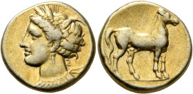 CARTHAGE. Circa 290-270 BC. Stater (Electrum, 18 mm, 7.38 g, 12 h). Head of Tanit to left, wearing wreath of grain ears, triple-pendant earring and el...