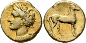 CARTHAGE. Circa 290-270 BC. Stater (Electrum, 19 mm, 7.37 g, 12 h). Head of Tanit to left, wearing wreath of grain ears, triple-pendant earring and el...