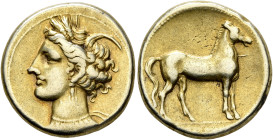 CARTHAGE. Circa 290-270 BC. Stater (Electrum, 20 mm, 7.40 g, 12 h). Head of Tanit to left, wearing wreath of grain ears, triple-pendant earring and el...