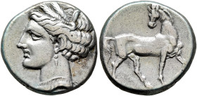CARTHAGE. First Punic War. Circa 264-241 BC. Half Shekel (Silver, 18 mm, 5.13 g, 12 h). Wreathed head of Tanit to left, wearing single-pendant earring...