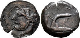CARTHAGE. Libyan Revolt. Circa 241-238 BC. Shekel (Bronze, 22 mm, 4.80 g, 5 h), Sardinian mint (?). Head of Tanit to left, wearing wreath of grain ear...