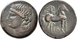 CARTHAGE. Second Punic War. Circa 220-215 BC. Trishekel (Bronze, 31 mm, 19.69 g, 12 h). Head of Tanit to left, wearing wreath of grain ears, pendant e...