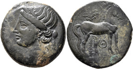 CARTHAGE. Second Punic War. Circa 220-215 BC. Trishekel (Bronze, 31 mm, 20.00 g, 12 h). Head of Tanit to left, wearing wreath of grain ears, pendant e...