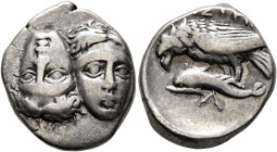 MOESIA. Istros. 4th century BC. Drachm (Silver, 18 mm, 5.55 g). Two facing male heads side by side, one upright and the other inverted. Rev. IΣTPIH Se...