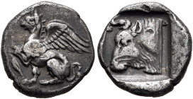 THRACE. Abdera. Circa 411/0-386/5 BC. Triobol (Silver, 13 mm, 1.68 g, 12 h). Griffin seated left, with left forepaw raising; before, grain of barley ....