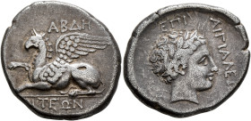 THRACE. Abdera. Circa 336-311 BC. Tetradrachm (Silver, 23 mm, 9.21 g, 11 h), Aigialeos, magistrate. ABΔH-PITEΩN Griffin seated left, raising its right...