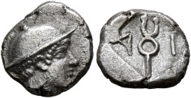 THRACE. Ainos. Circa 469/8-464/3 BC. Diobol (Silver, 10 mm, 1.29 g, 7 h). Head of Hermes to right, wearing petasos. Rev. A-I Caduceus within incuse sq...