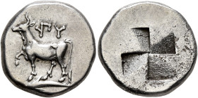 THRACE. Byzantion. Circa 340-320 BC. Siglos (Silver, 18 mm, 5.26 g). ΠY Bull standing left on dolphin left. Rev. Quadripartite incuse square of mill s...
