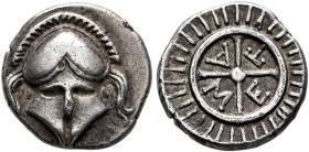 THRACE. Mesambria. 4th century BC. Diobol (Silver, 11 mm, 1.33 g). Facing crested Corinthian helmet. Rev. M-E-T-A within wheel of four spokes. HGC 3.2...