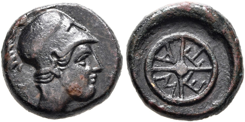 THRACE. Mesambria. 4th century BC. AE (Bronze, 11 mm, 1.42 g). Head of Athena to...