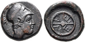 THRACE. Mesambria. 4th century BC. AE (Bronze, 11 mm, 1.42 g). Head of Athena to right, wearing crested Corinthian helmet. Rev. M-E-T-A within wheel o...