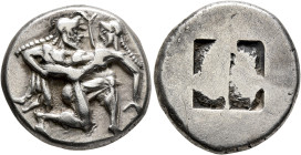 ISLANDS OFF THRACE, Thasos. Circa 500-480 BC. Stater (Silver, 20 mm, 9.58 g). Nude ithyphallic satyr, with long beard and long hair, moving right in '...