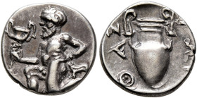 ISLANDS OFF THRACE, Thasos. Circa 412-404 BC. Trihemiobol (Silver, 11 mm, 1.01 g, 1 h). Bald satyr kneeling left, holding kantharos in his right hand ...