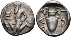 ISLANDS OFF THRACE, Thasos. Circa 412-404 BC. Trihemiobol (Silver, 11 mm, 0.84 g, 9 h). Bald satyr kneeling left, holding kantharos in his right hand ...