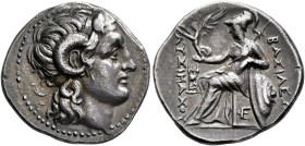 KINGS OF THRACE. Lysimachos, 305-281 BC. Drachm (Silver, 18 mm, 4.20 g), Ephesos, circa 294-287. Diademed head of Alexander the Great to right with ho...