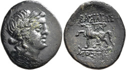 KINGS OF THRACE. Mostis, circa 139/8-101/0 BC. AE (Bronze, 21 mm, 4.66 g, 12 h). Laureate head of Apollo to right. Rev. ΒΑΣΙΛΕΩΣ ΜΟΣΤΙ[ΔΟΥ] Horse stan...