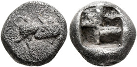 THRACO-MACEDONIAN REGION. Uncertain. Circa 500-480 BC. Triobol (Silver, 10 mm, 1.82 g, 1 h). Bull standing right, head to left. Rev. Quadripartite inc...