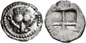 MACEDON. Akanthos. Circa 500-470 BC. 3/4 Obol (Silver, 10 mm, 0.41 g, 1 h). Facing head of lion. Rev. Quadripartite incuse square with granulated rece...